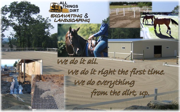 www.atdexcavating.com. All Things Dirt Excavating & Landscaping, Olympia, Washington, USA. Equestrian riding arena, equine footing,  paddocks, turnout, drainage trench, stalls, barn flooring, mud prevention, and HoofGrid installation examples.
