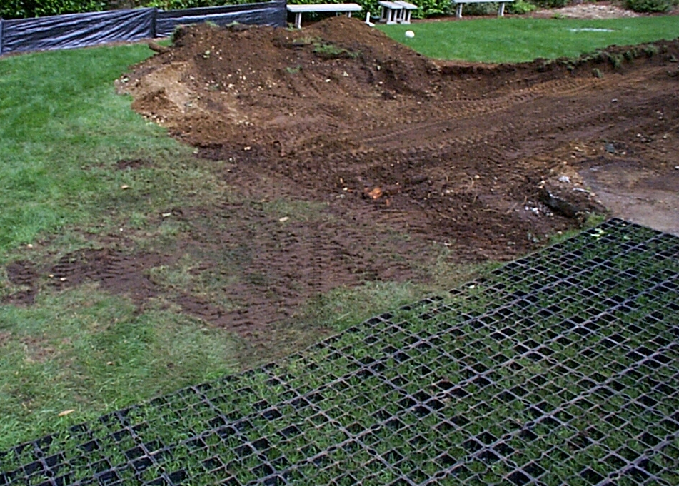 Construction job site staging area, using StabiliGrid to reinforce and protect the grass turf from construction traffic damage.