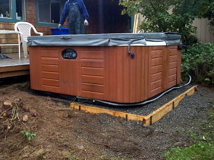 Outdoor hot tub base installation - green building the do-it-youurself way: fast and easy and perfectly installed using industrial/commercial grade StabiliGrid porous pavers.
